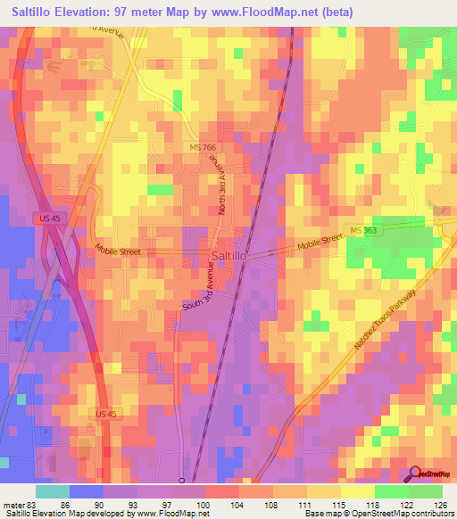 Saltillo,US Elevation Map