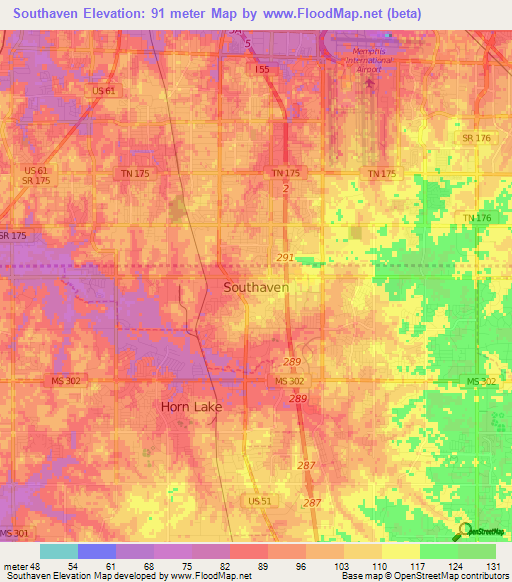 Southaven,US Elevation Map