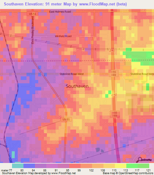 Southaven,US Elevation Map