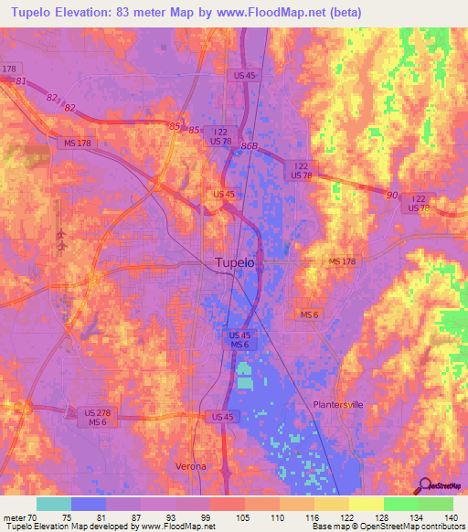 Tupelo,US Elevation Map