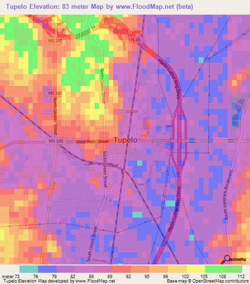 Tupelo,US Elevation Map