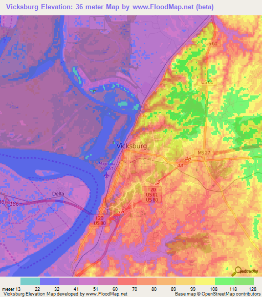 Vicksburg,US Elevation Map