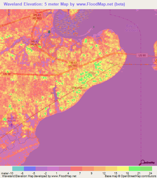 Waveland,US Elevation Map