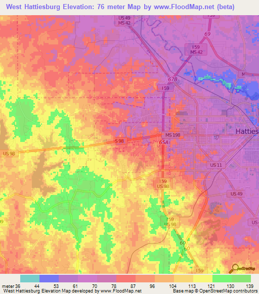 West Hattiesburg,US Elevation Map