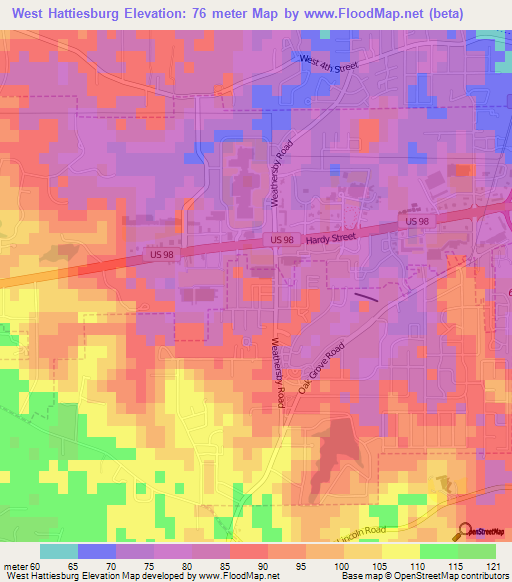 West Hattiesburg,US Elevation Map