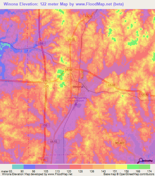 Winona,US Elevation Map