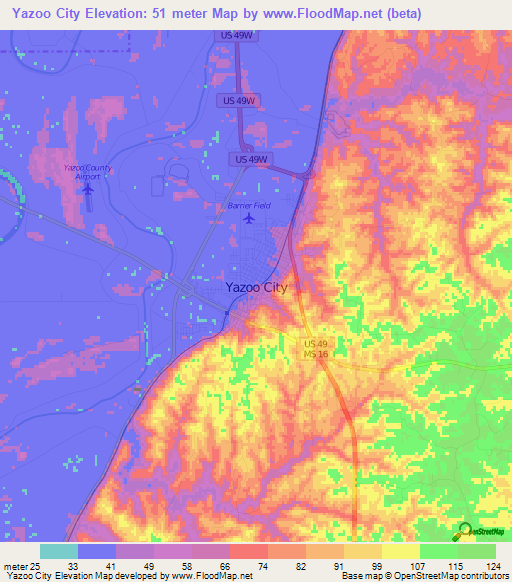 Yazoo City,US Elevation Map