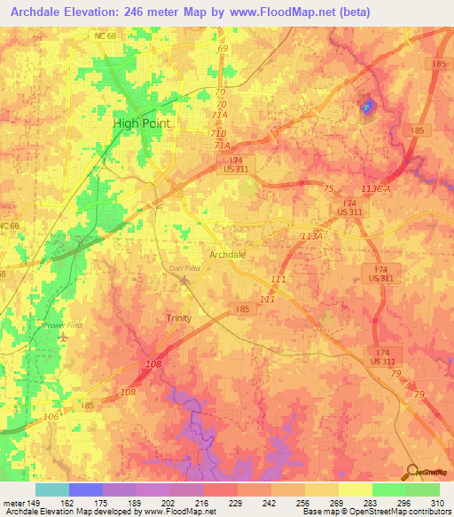 Archdale,US Elevation Map