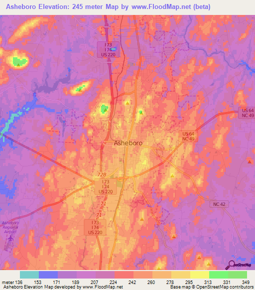 Asheboro,US Elevation Map