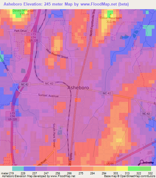 Asheboro,US Elevation Map