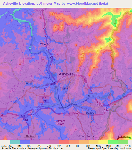 Asheville,US Elevation Map