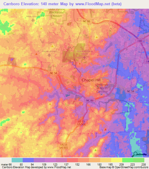 Carrboro,US Elevation Map