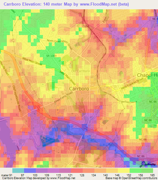 Carrboro,US Elevation Map