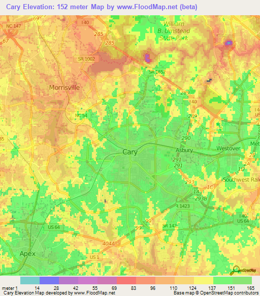 Cary,US Elevation Map