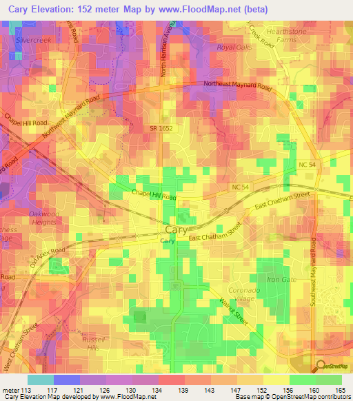 Cary,US Elevation Map