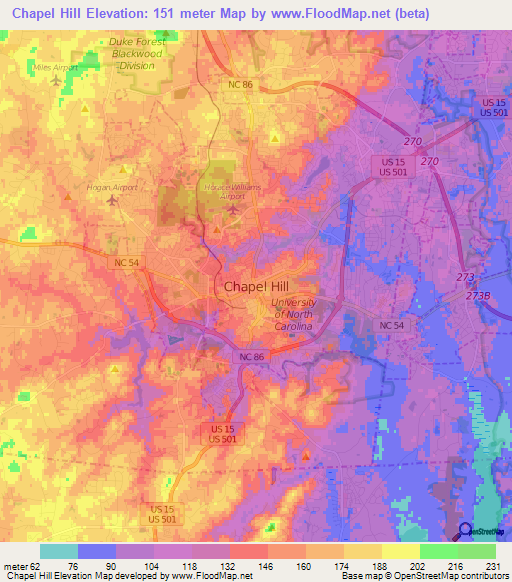 Chapel Hill,US Elevation Map