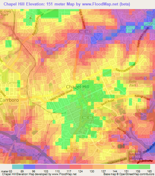 Chapel Hill,US Elevation Map