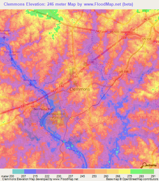 Clemmons,US Elevation Map