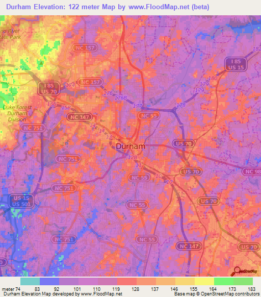 Durham,US Elevation Map