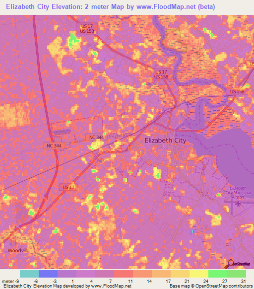 Elizabeth City,US Elevation Map