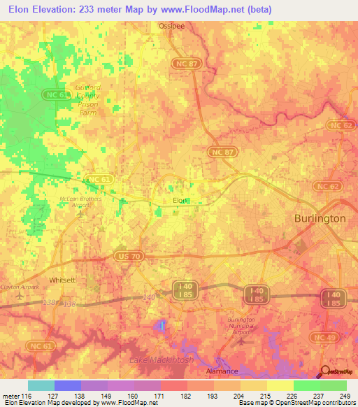 Elon,US Elevation Map