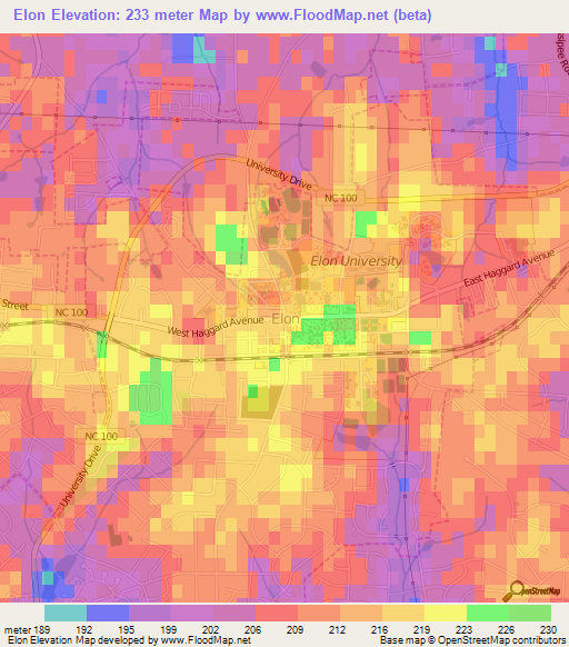 Elon,US Elevation Map