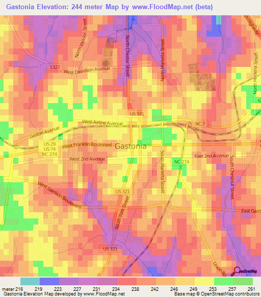 Gastonia,US Elevation Map