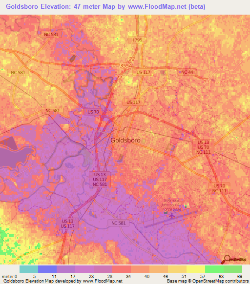 Goldsboro,US Elevation Map