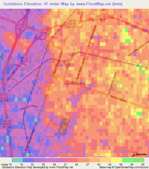 Goldsboro,US Elevation Map