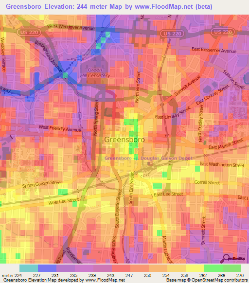 Greensboro,US Elevation Map