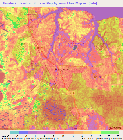 Havelock,US Elevation Map