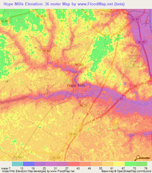 Hope Mills,US Elevation Map