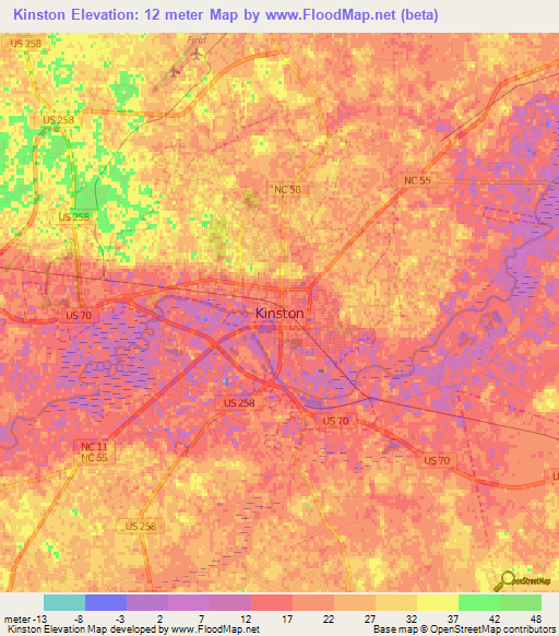 Kinston,US Elevation Map