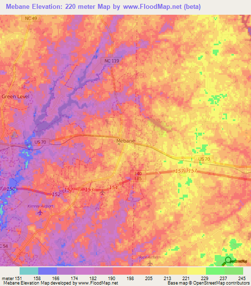 Mebane,US Elevation Map