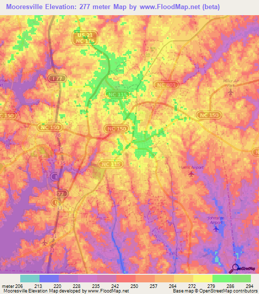 Mooresville,US Elevation Map