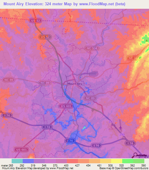 Mount Airy,US Elevation Map