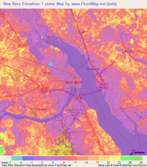 New Bern,US Elevation Map