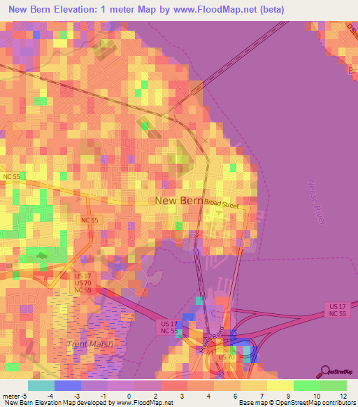 New Bern,US Elevation Map