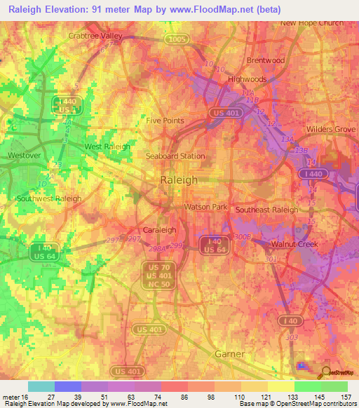 Raleigh,US Elevation Map