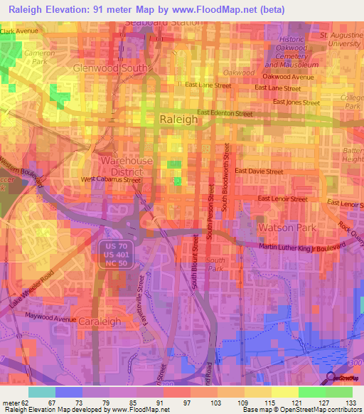 Raleigh,US Elevation Map