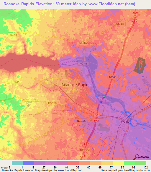 Roanoke Rapids,US Elevation Map