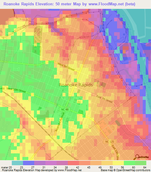 Roanoke Rapids,US Elevation Map