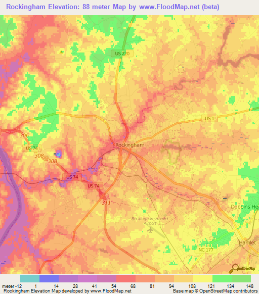 Rockingham,US Elevation Map