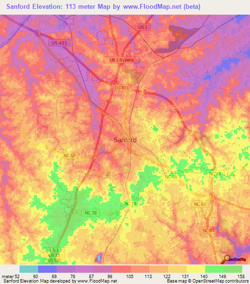 Sanford,US Elevation Map