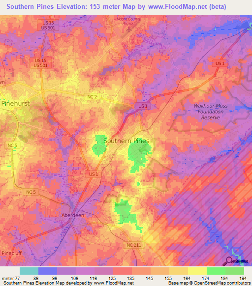 Southern Pines,US Elevation Map