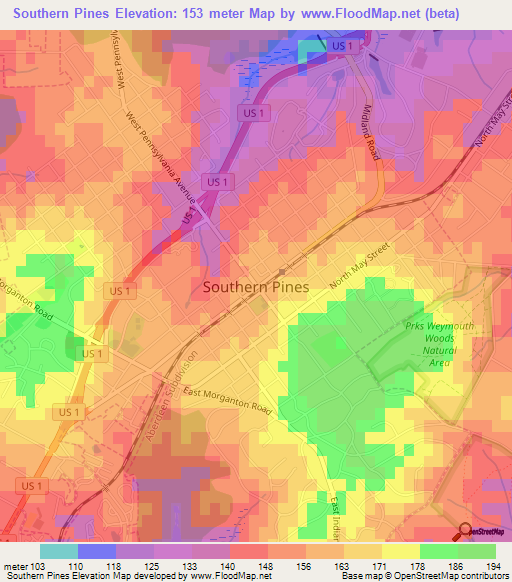 Southern Pines,US Elevation Map