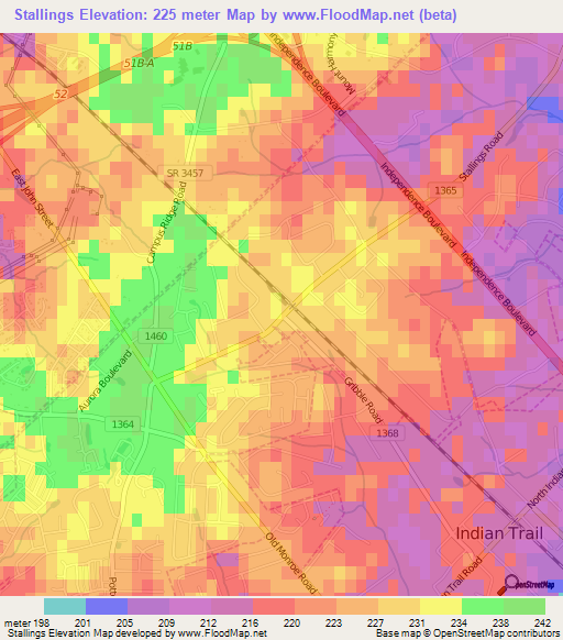 Stallings,US Elevation Map