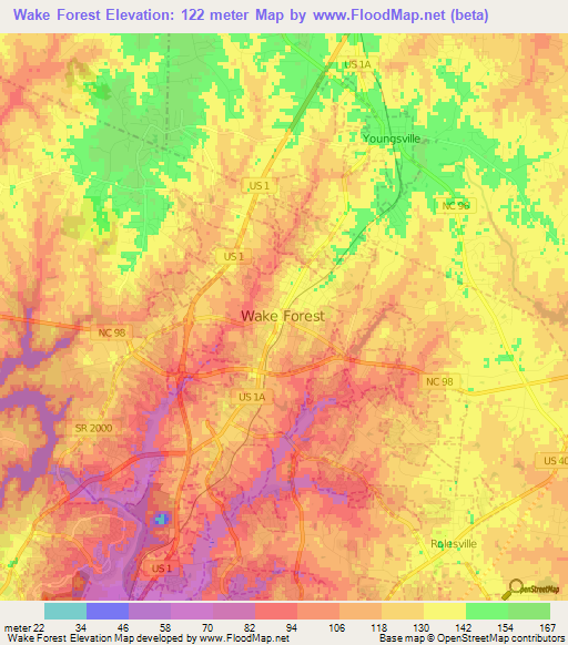 Wake Forest,US Elevation Map