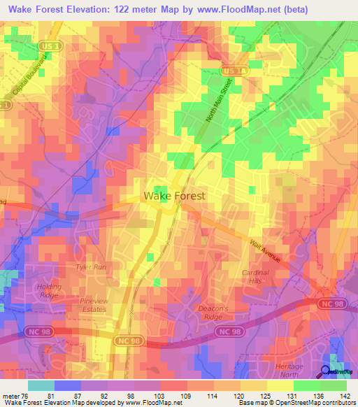 Wake Forest,US Elevation Map