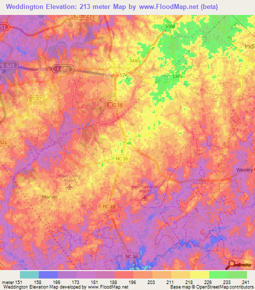 Weddington,US Elevation Map